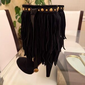 Gucci Black Suede Fringe Ankle Boots with Gold Stud Trim